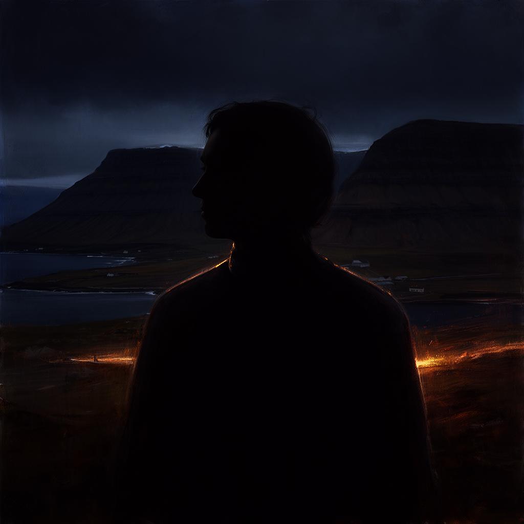Silhouette of figure at dusk in the Faroe Islands